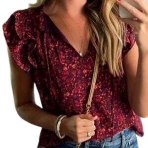 NWT BCBG/Paris women's size XS 0-2 burgundy floral flutter sleeve top shirt
